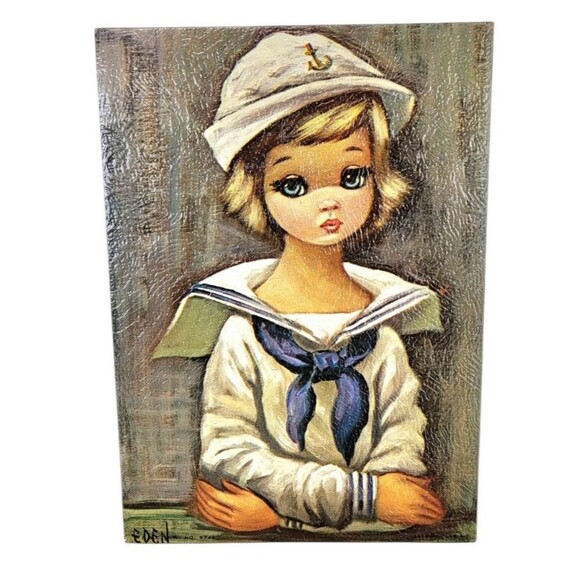 Vintage 60s Big Blue Eyed Sailor Girl Kitschy Lithograph Print Eden No. 5742 - Picture 3 of 6